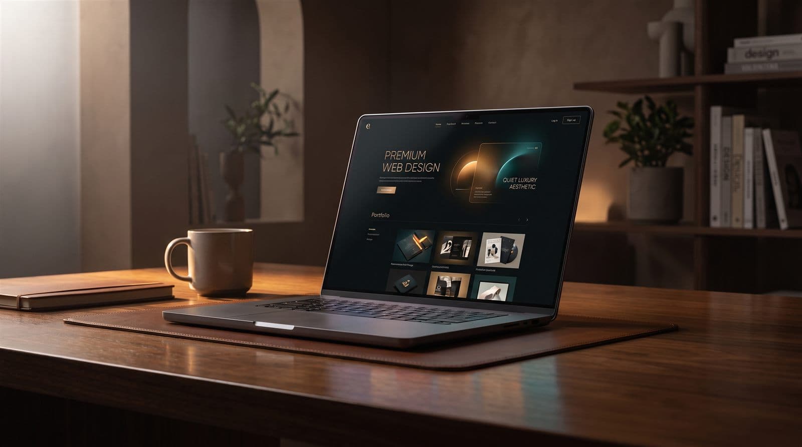 Laptop mit moderner Website in warmem Studiolicht